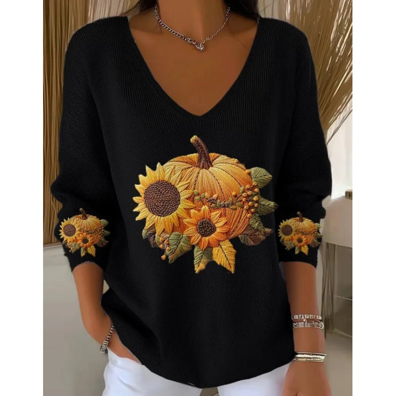 🍁🎃Pull à col en V brodé pour femme pour l'automne✨
