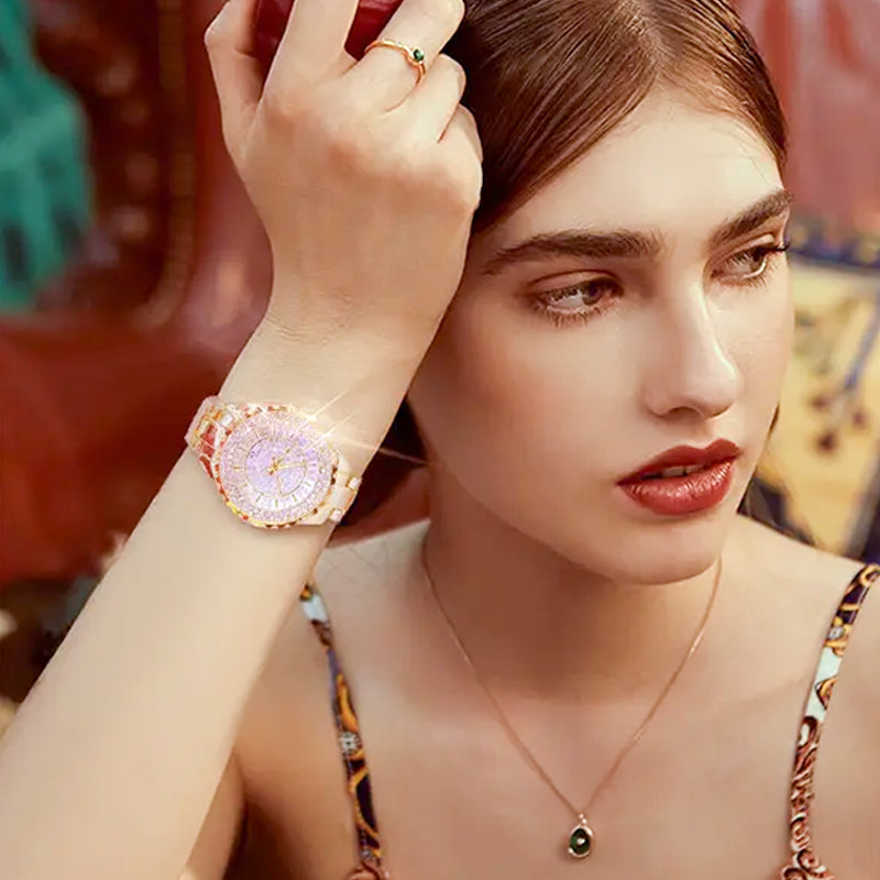 Montre de Luxe Incrustée de Diamants Synthétiques pour Femme