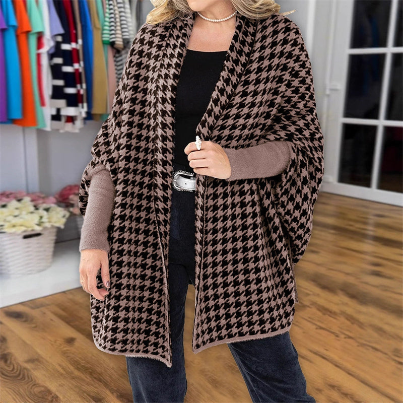 Poncho ouvert à motif pied-de-poule pour femme