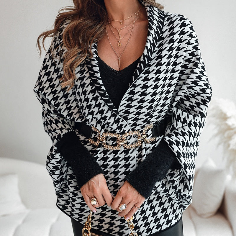 Poncho ouvert à motif pied-de-poule pour femme