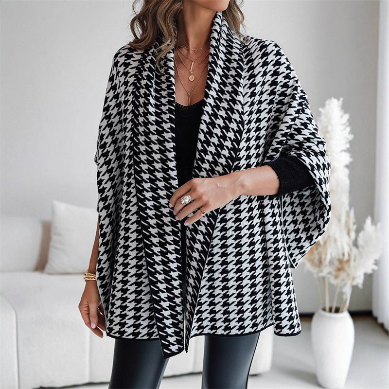 Poncho ouvert à motif pied-de-poule pour femme