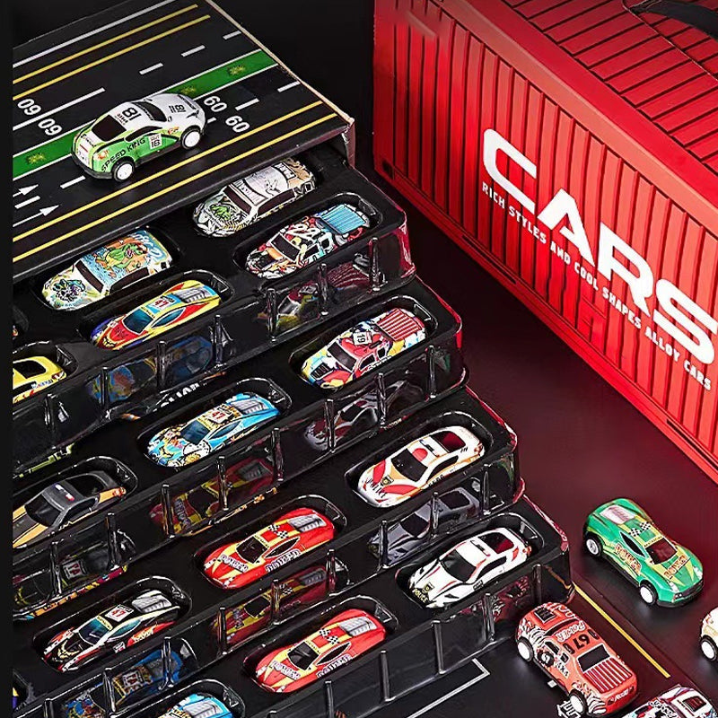 Conjunto com 48 miniaturas de carros de fricção e garagem integrada.