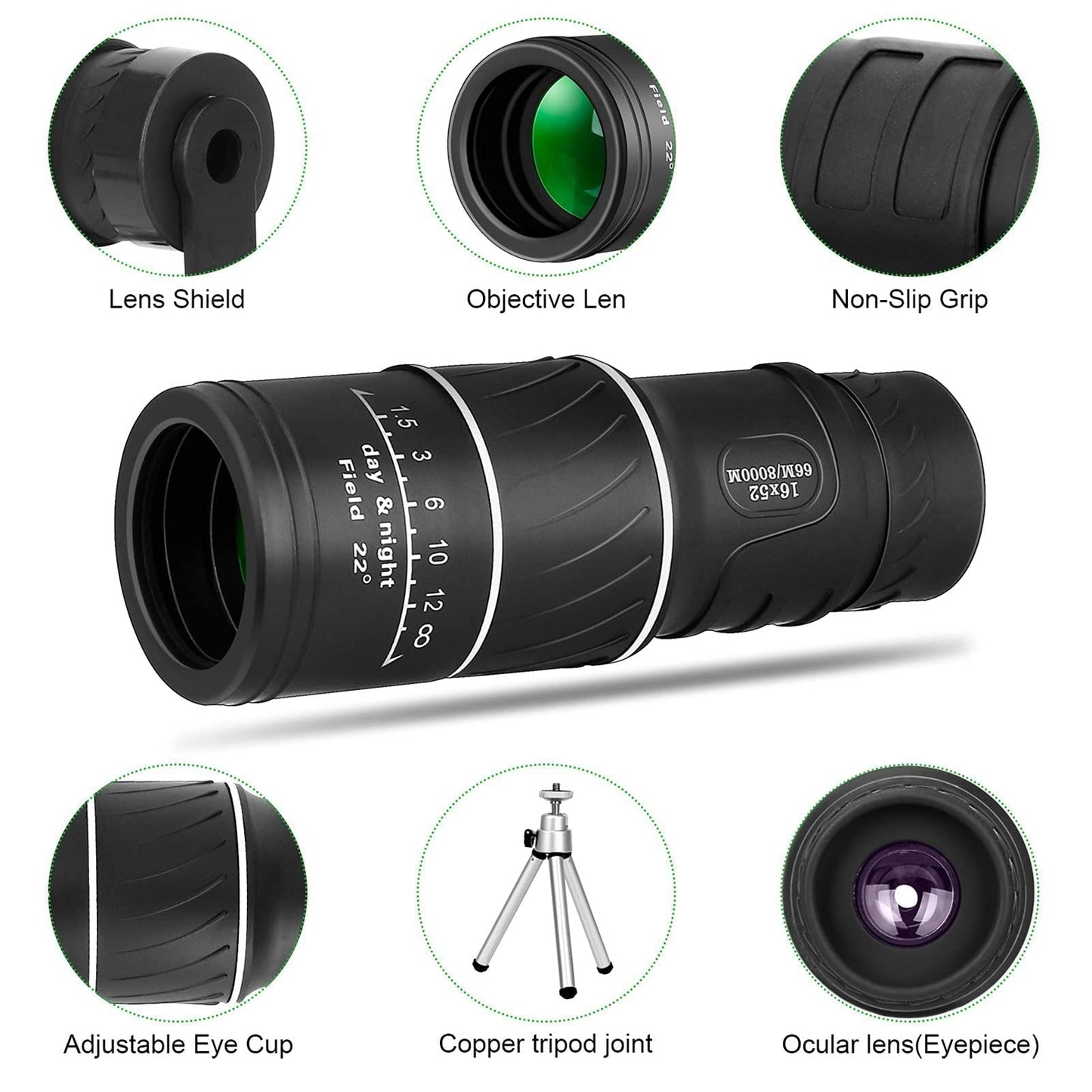 Telescópio monocular profissional de alta potência, alta definição e baixa luminosidade, 16X52