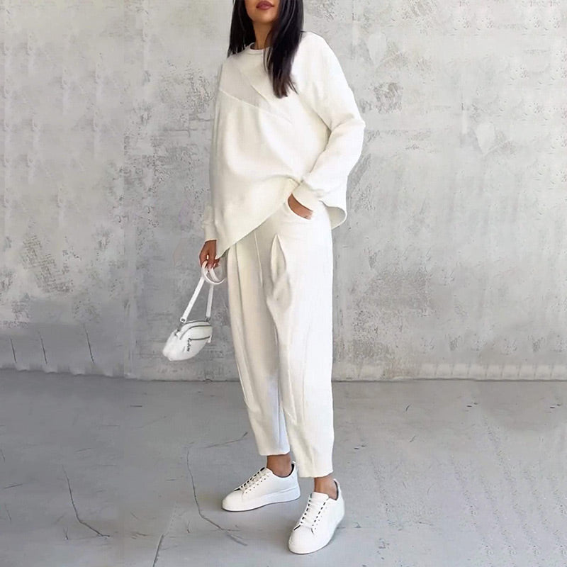 🌸✨Conjunto Feminino: Sweatshirt de Manga Longa com Barra Irregular e Calças
