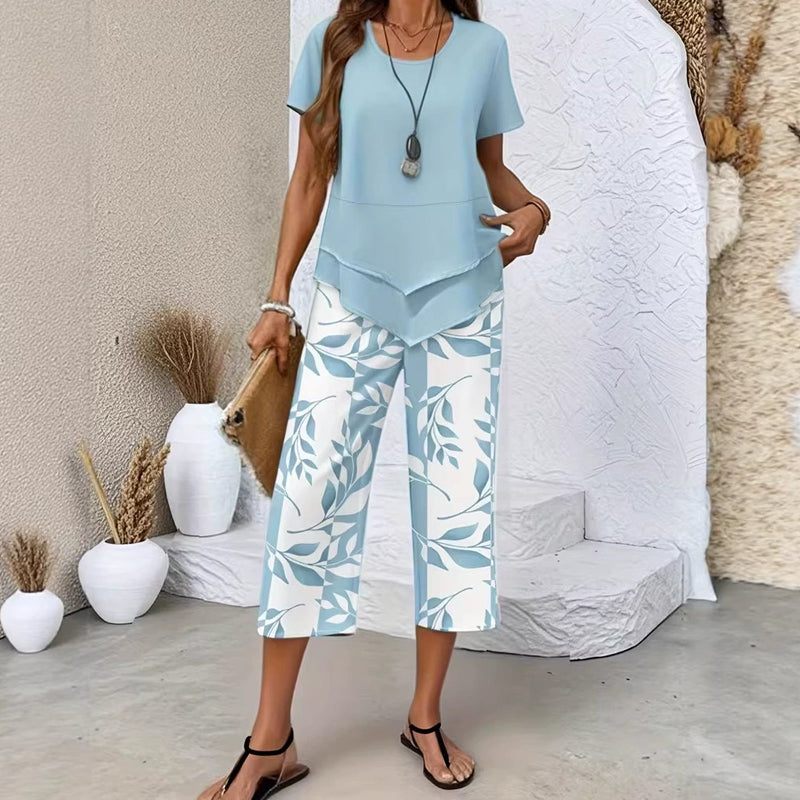 ✨50 % de desconto 💙 Conjunto casual composto por uma blusa comprida com gola redonda e calças largas
