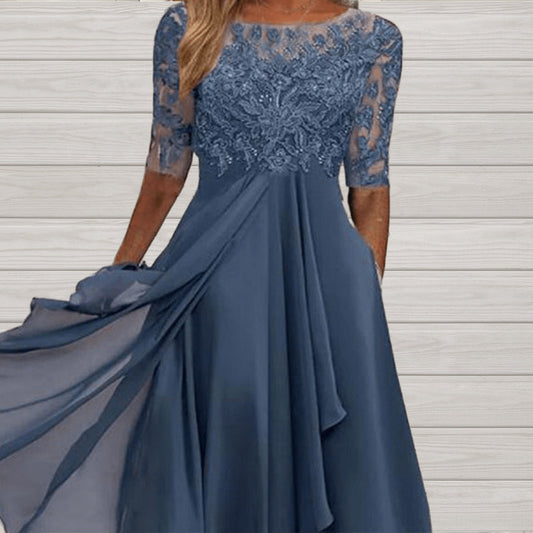 Vestido midi com bordados florais – Esvoaçante e elegante, com decote redondo🌸