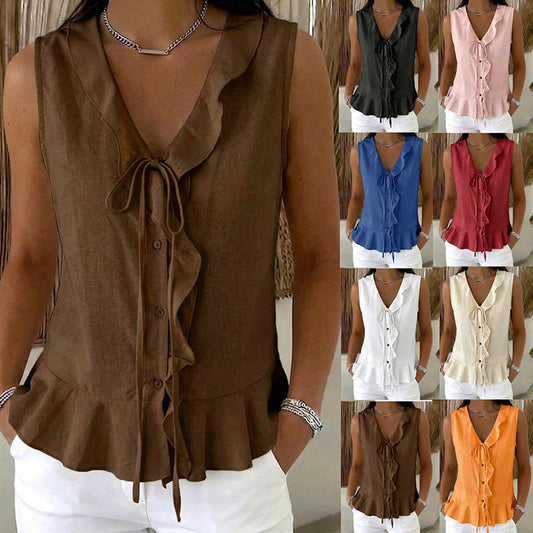 🌬️Top leve com acabamento em folhos — Tecido de chiffon arejado | Decote em V | Mantém-te fresca nos dias quentes