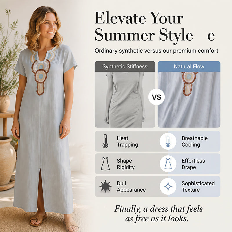 ✨👗Vestido Maxi Boho Bordado | Mistura Respirável & Corte Solto ✨
