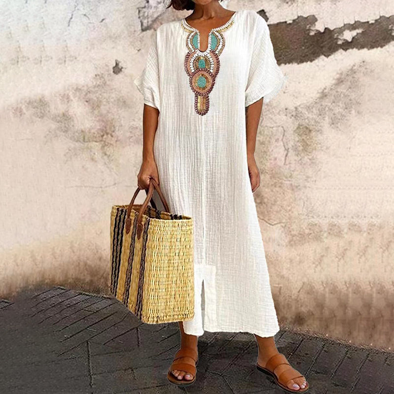✨👗Vestido Maxi Boho Bordado | Mistura Respirável & Corte Solto ✨