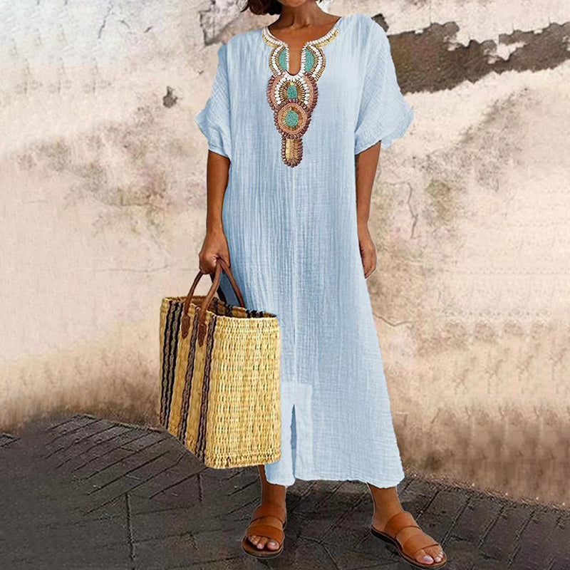 ✨👗Vestido Maxi Boho Bordado | Mistura Respirável & Corte Solto ✨