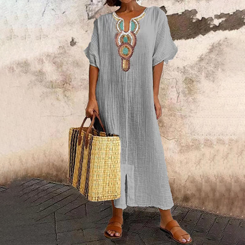 ✨👗Vestido Maxi Boho Bordado | Mistura Respirável & Corte Solto ✨
