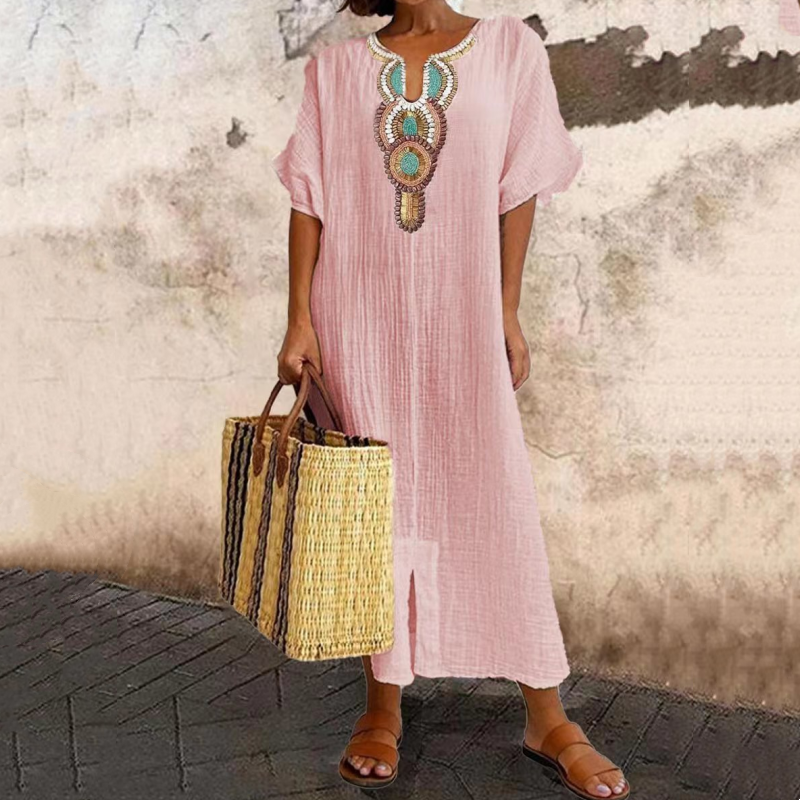 ✨👗Vestido Maxi Boho Bordado | Mistura Respirável & Corte Solto ✨
