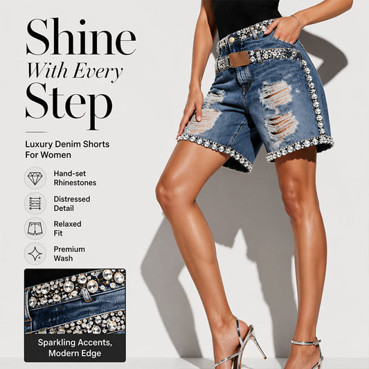 🔥 50% DE DESCONTO ✨ Calções de Ganga Femininos – Detalhes com Strass & Estilo Marcante 💎