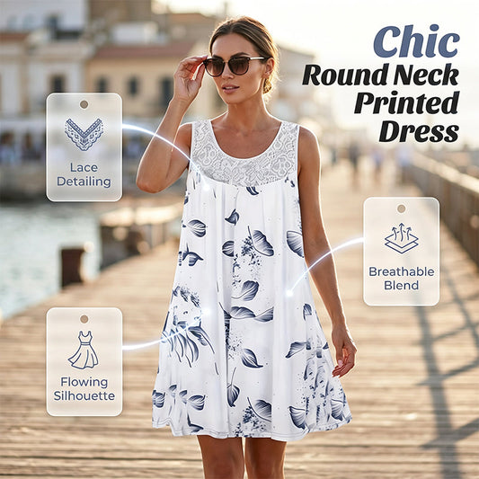 Vestido feminino sem mangas, com gola redonda e estampa