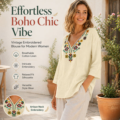 ✨👗Top feminino com decote em V e bordado floral vintage