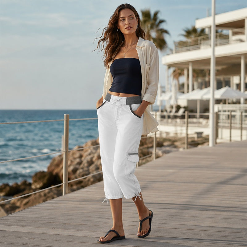 Calças Capri Cargo de Cintura Alta para Mulher