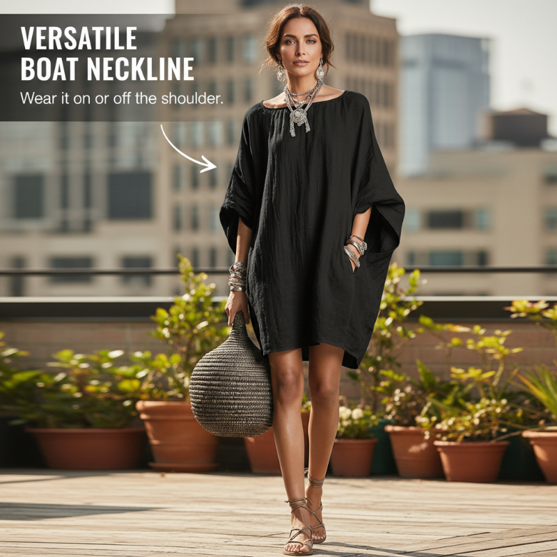 🌿Vestido oversized de algodão e linho com mangas em forma de asa de morcego