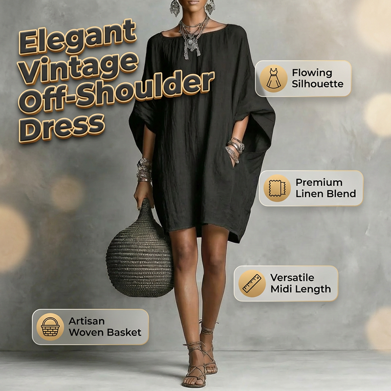 🌿Vestido oversized de algodão e linho com mangas em forma de asa de morcego