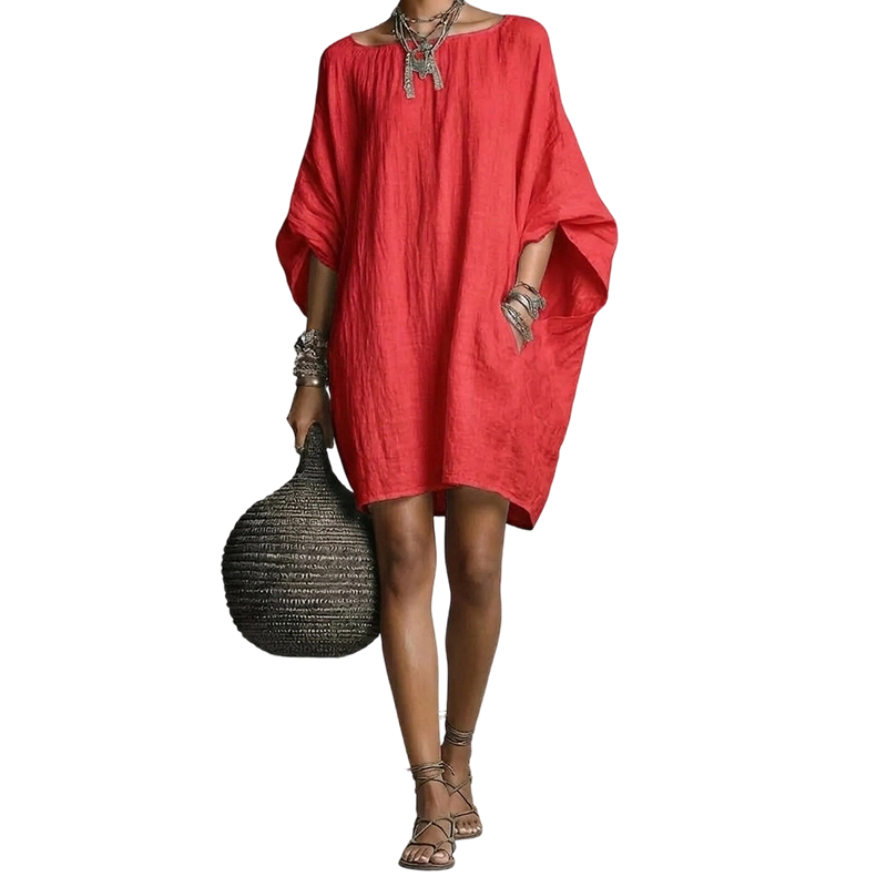🌿Vestido oversized de algodão e linho com mangas em forma de asa de morcego