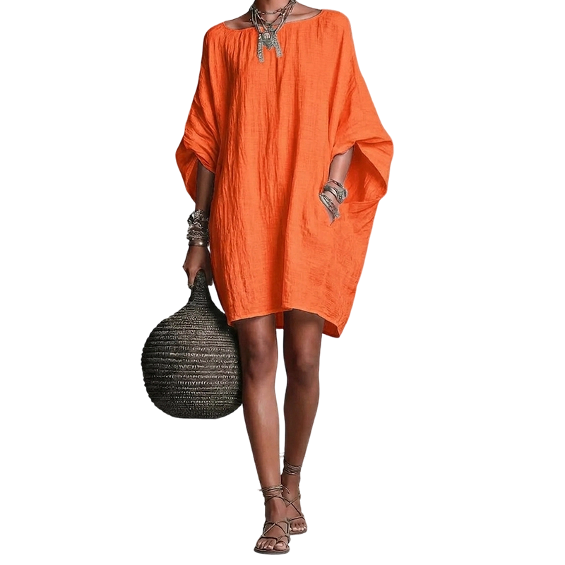 🌿Vestido oversized de algodão e linho com mangas em forma de asa de morcego