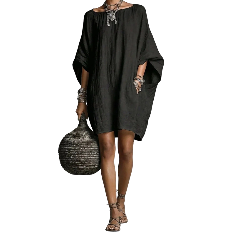 🌿Vestido oversized de algodão e linho com mangas em forma de asa de morcego