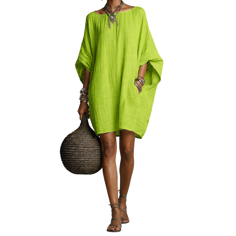 🌿Vestido oversized de algodão e linho com mangas em forma de asa de morcego