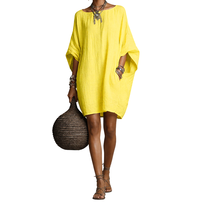 🌿Vestido oversized de algodão e linho com mangas em forma de asa de morcego