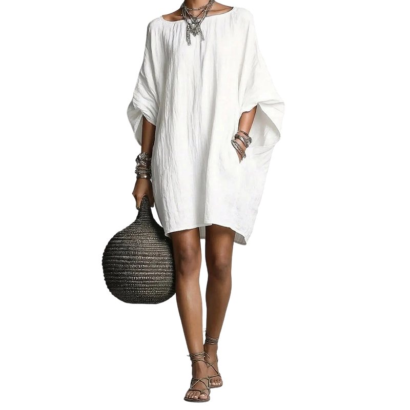 🌿Vestido oversized de algodão e linho com mangas em forma de asa de morcego