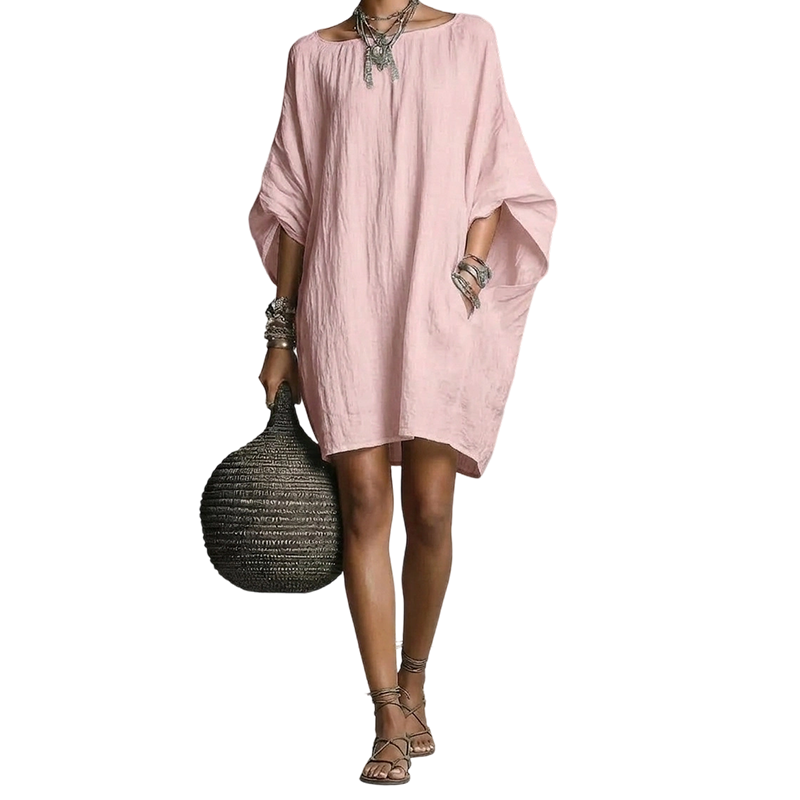 🌿Vestido oversized de algodão e linho com mangas em forma de asa de morcego