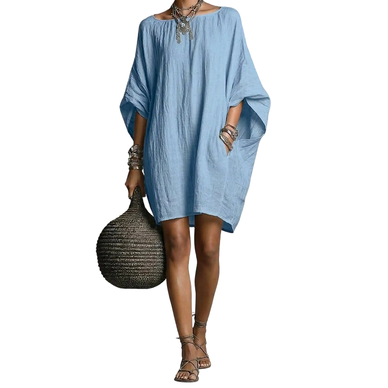 🌿Vestido oversized de algodão e linho com mangas em forma de asa de morcego