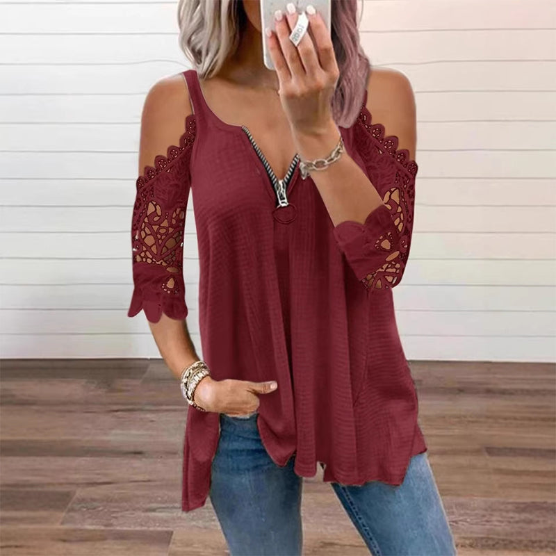 ✨👚Top feminino de renda com ombros à mostra e fecho de correr