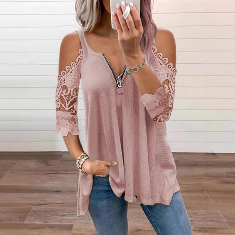 ✨👚Top feminino de renda com ombros à mostra e fecho de correr