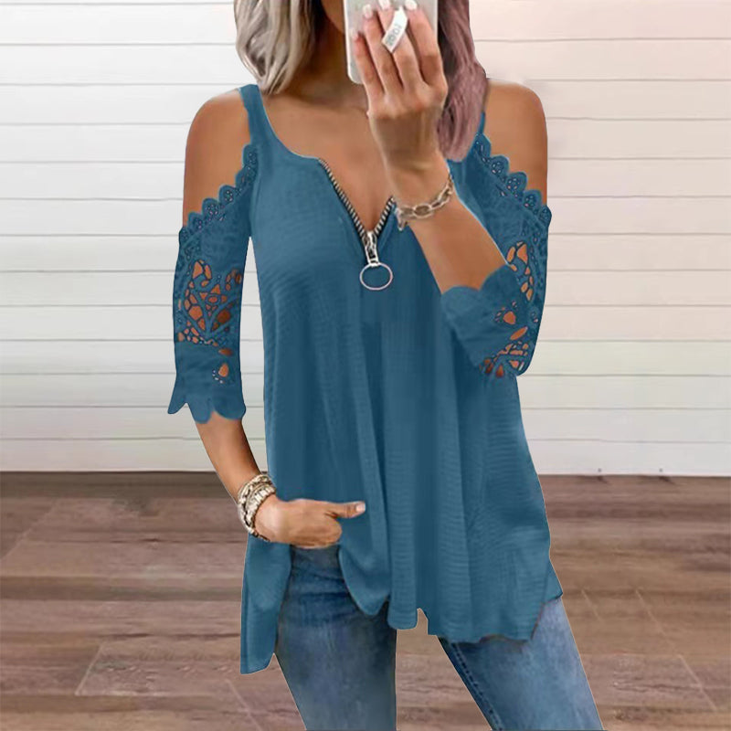 ✨👚Top feminino de renda com ombros à mostra e fecho de correr