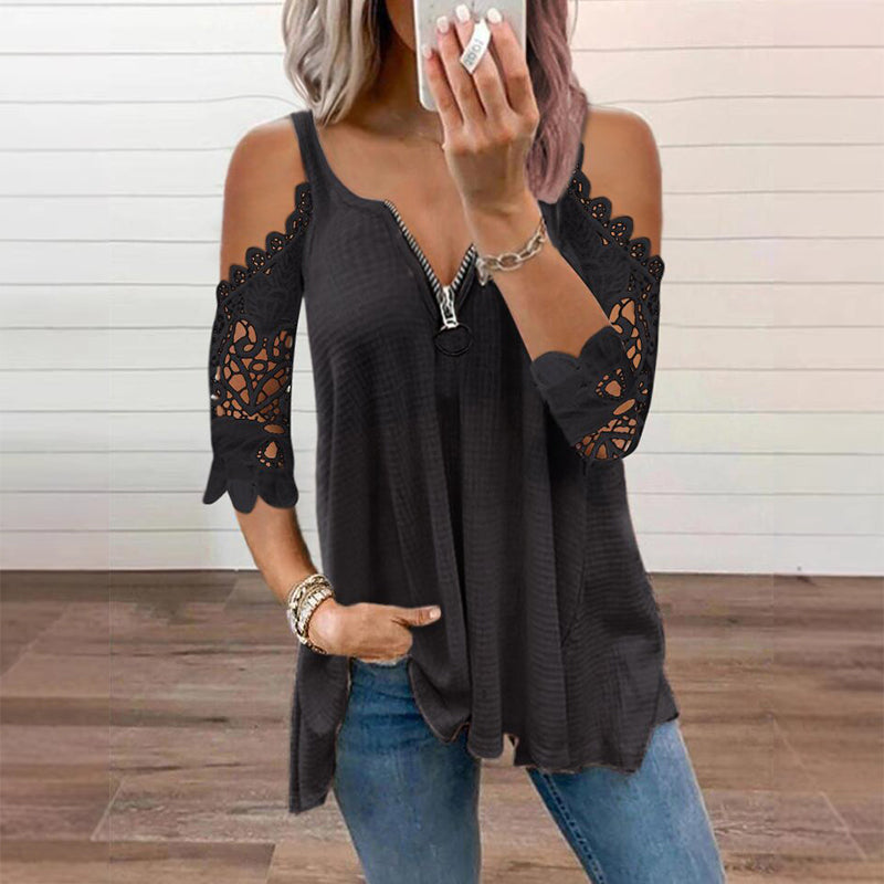 ✨👚Top feminino de renda com ombros à mostra e fecho de correr