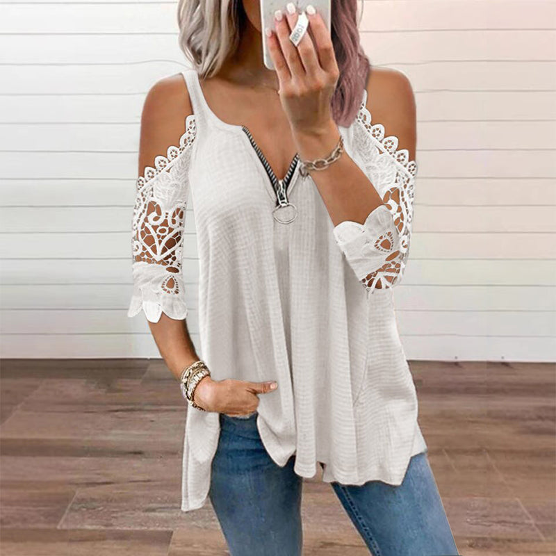 ✨👚Top feminino de renda com ombros à mostra e fecho de correr