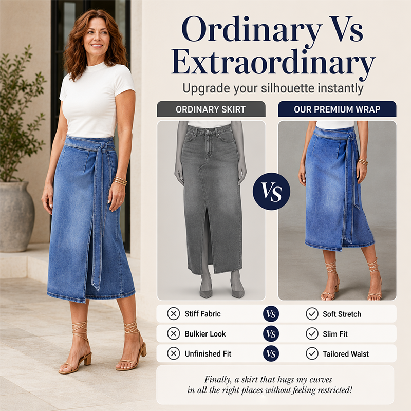 ✨🛍️Novidade - Saia envolvente em ganga vintage – Fecho ajustável com laço lateral e comprimento midi versátil, ideal para usar tanto de dia como à noite
