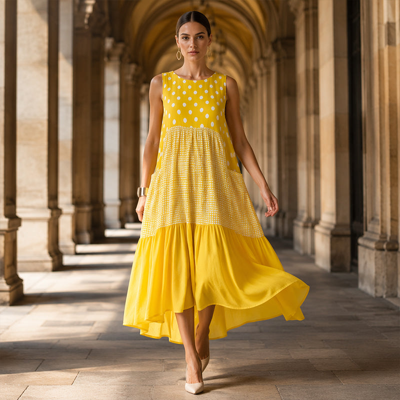 Sucesso de vendas🏆👗 Vestido sem mangas em patchwork – Estampado versátil com bolinhas e xadrez para todas as ocasiões 🌸✨