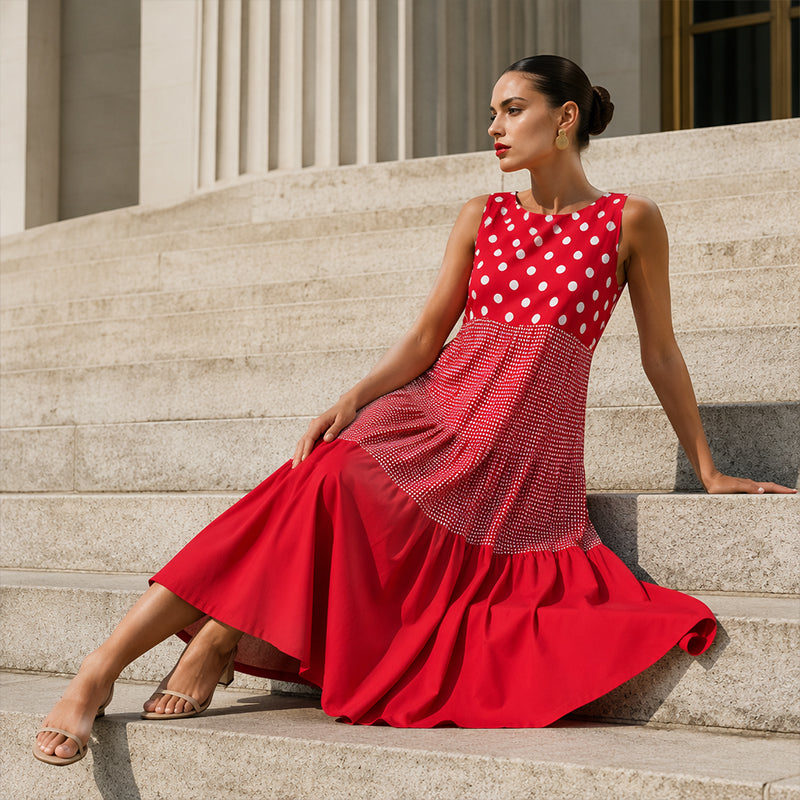 Sucesso de vendas🏆👗 Vestido sem mangas em patchwork – Estampado versátil com bolinhas e xadrez para todas as ocasiões 🌸✨