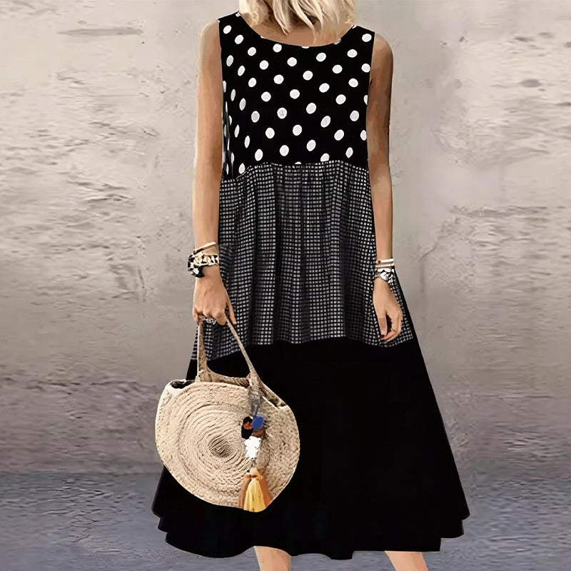 Sucesso de vendas🏆👗 Vestido sem mangas em patchwork – Estampado versátil com bolinhas e xadrez para todas as ocasiões 🌸✨
