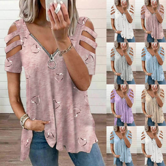 Heart Print V-Neck Zip T-Shirt