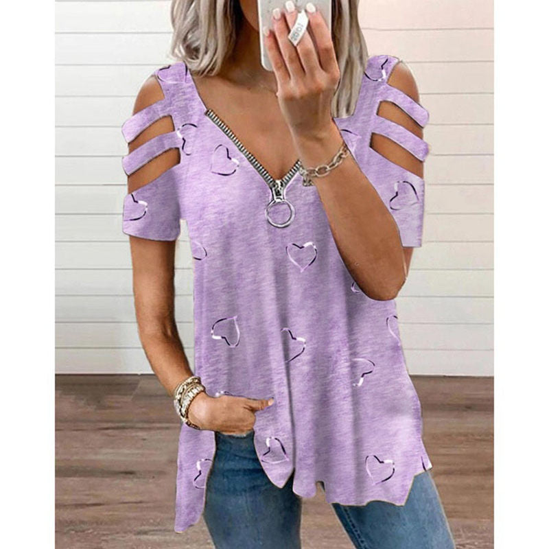 Heart Print V-Neck Zip T-Shirt