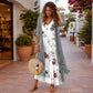 ⭐👗 Conjunto de vestido maxi floral e casaco de malha – Patchwork de renda e saia esvoaçante para uma elegância natural ✨