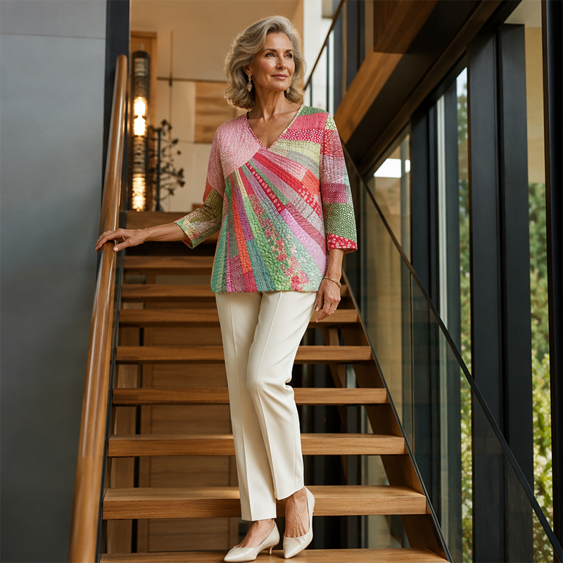 ✨👚Blusa feminina retro com decote em V e padrão patchwork