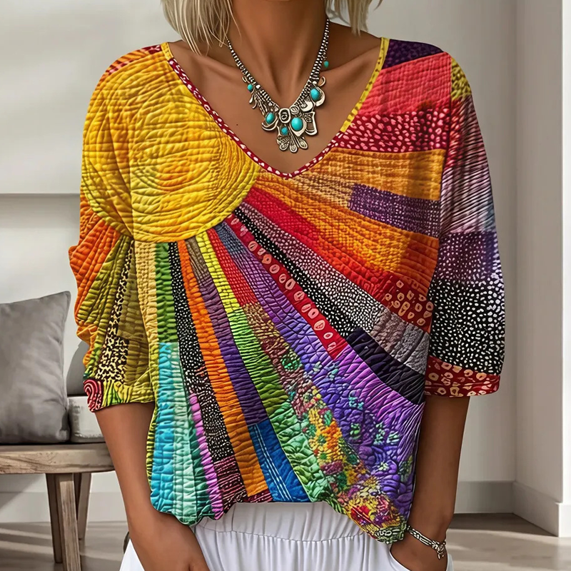 ✨👚Blusa feminina retro com decote em V e padrão patchwork