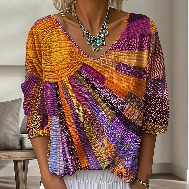 ✨👚Blusa feminina retro com decote em V e padrão patchwork