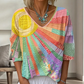 ✨👚Blusa feminina retro com decote em V e padrão patchwork