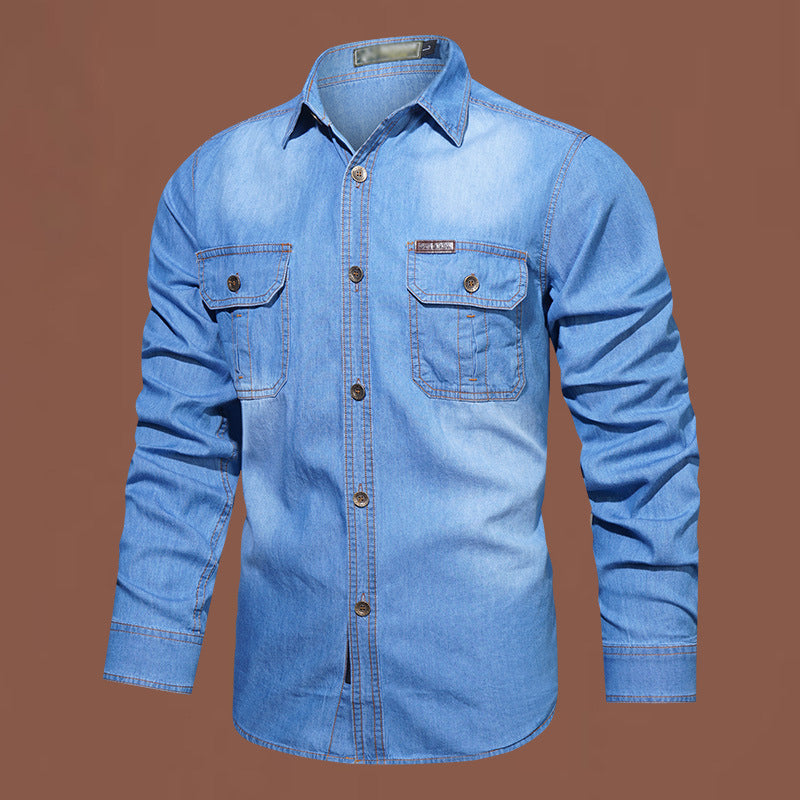 Camisa casual de ganga de manga comprida para homem 