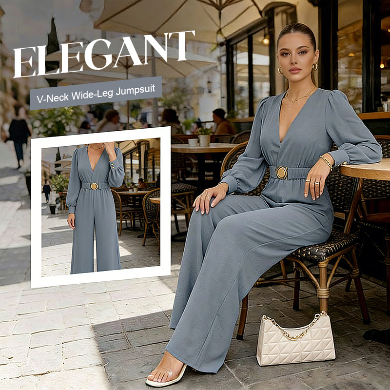 ✨👗Macacão elegante com decote em V, pernas largas e cinto