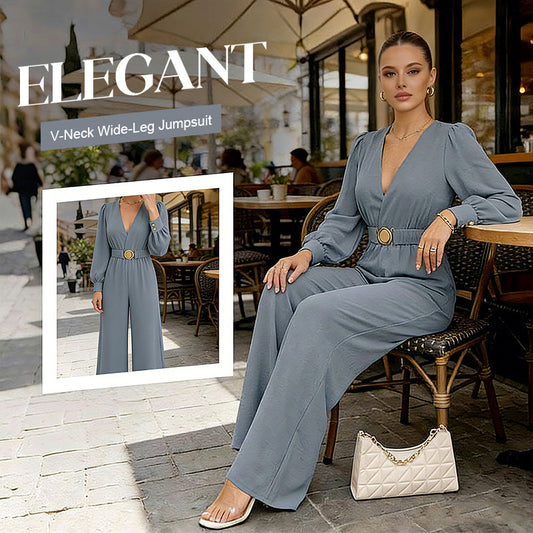 ✨👗Macacão elegante com decote em V, pernas largas e cinto