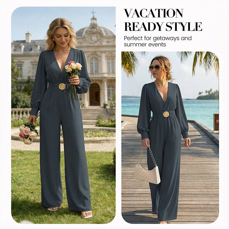 ✨👗Macacão elegante com decote em V, pernas largas e cinto